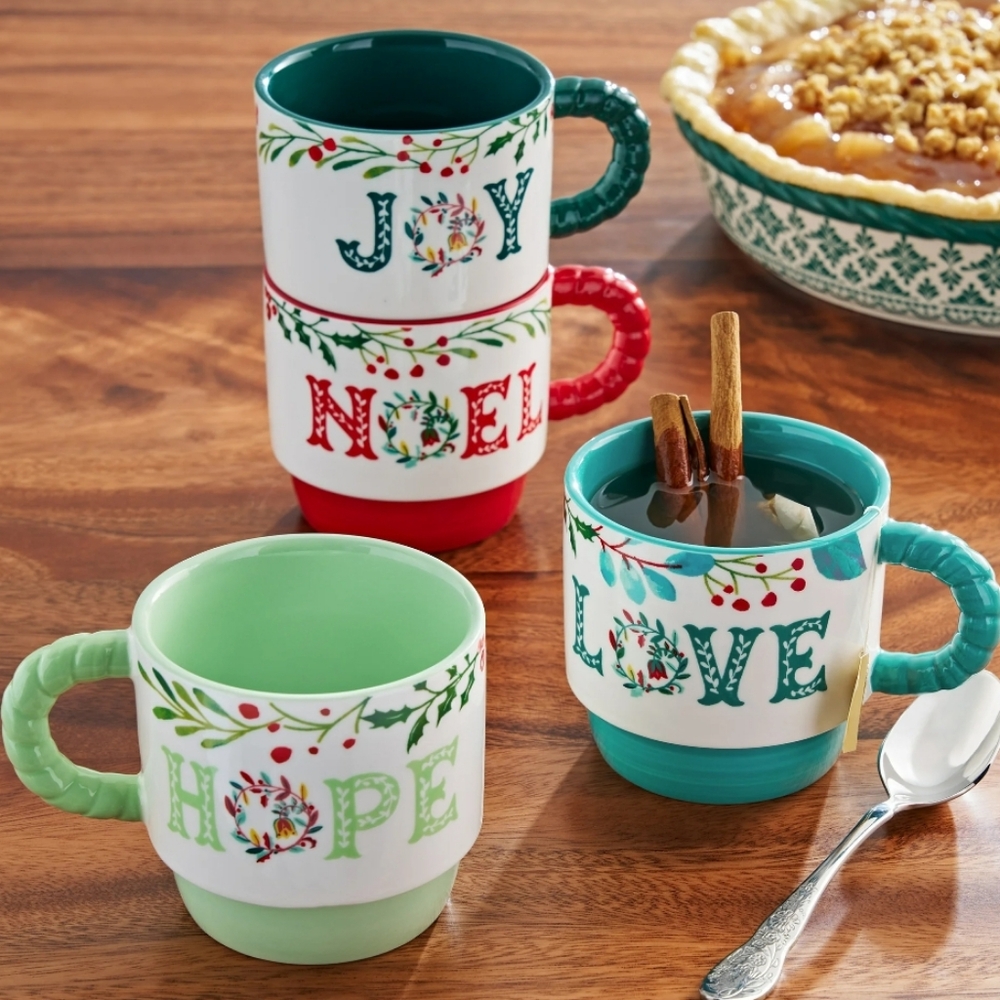💕 The Pioneer Woman Merry Meadow Holiday Mugs Set With Stacking. Rack